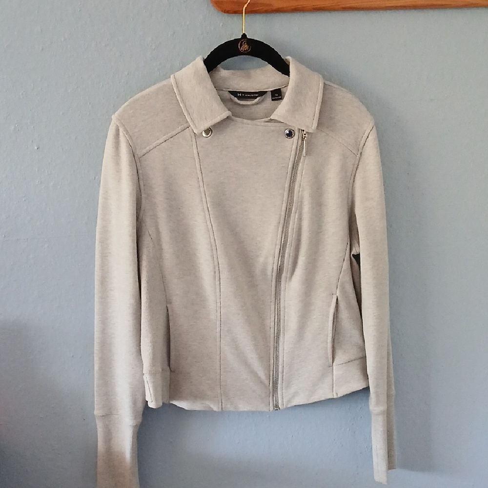 H by Halston Asymmetrical Zip Cream Bomber Jacket